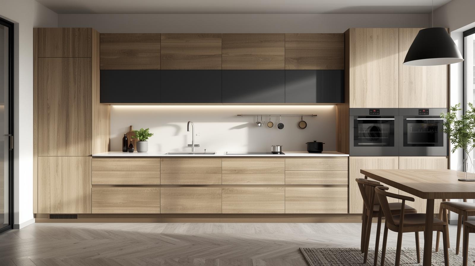 Меблі дуб сонома в інтер'єрі спальні на фоні акцентної стіни